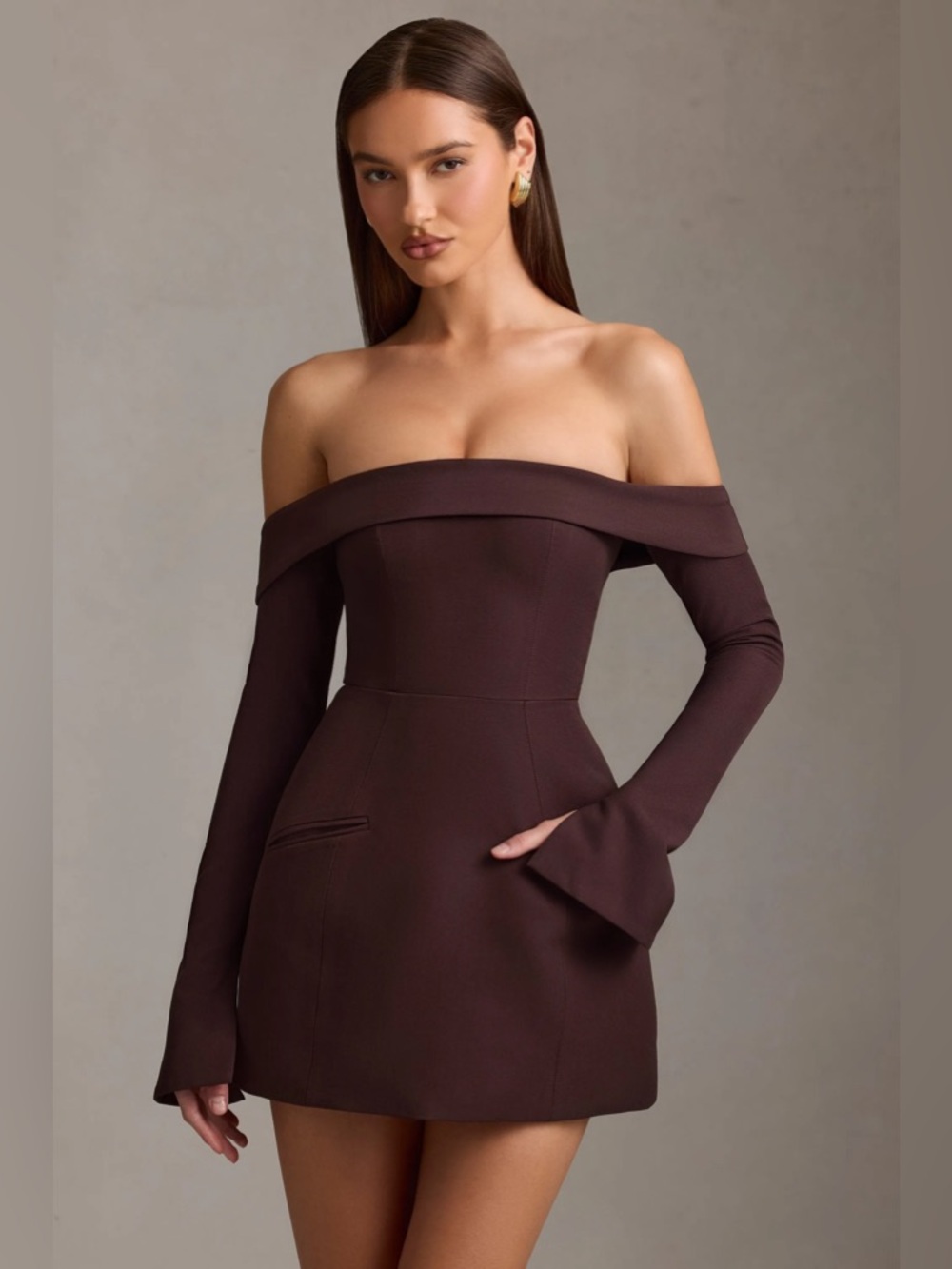 Oh Polly NWT Off-Shoulder Mini Dress chocolate brown Seraphina  
Bardot $148